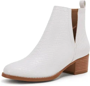 LAICIGO Women's V Cut Ankle Booties Low Stacked Heel Closed Toe Perforated Slipon Faux Leather Western Boots