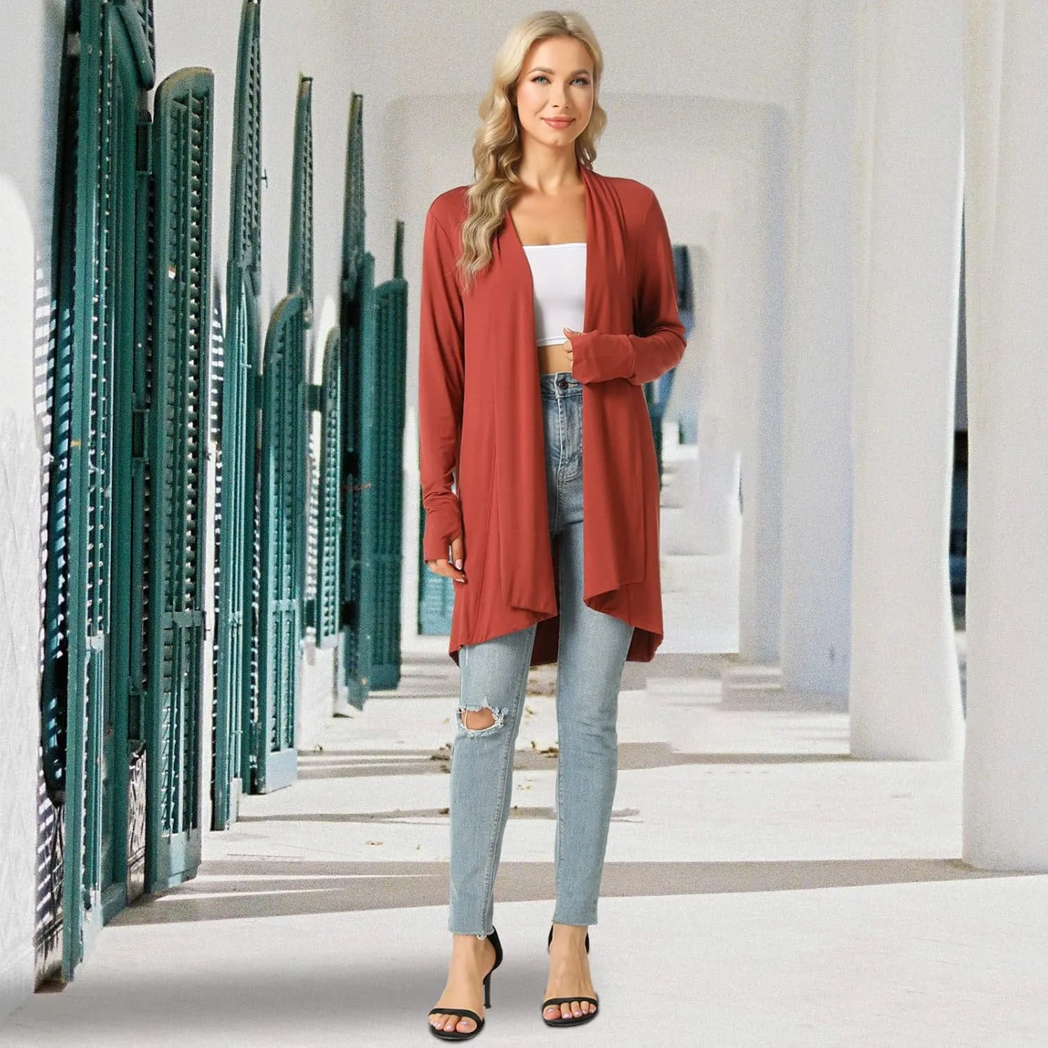 LazyCozy Women's Open-Front Long-Sleeve Cardigan Lightweight Draped Cardigan Sweaters Stretch Jersey Topper