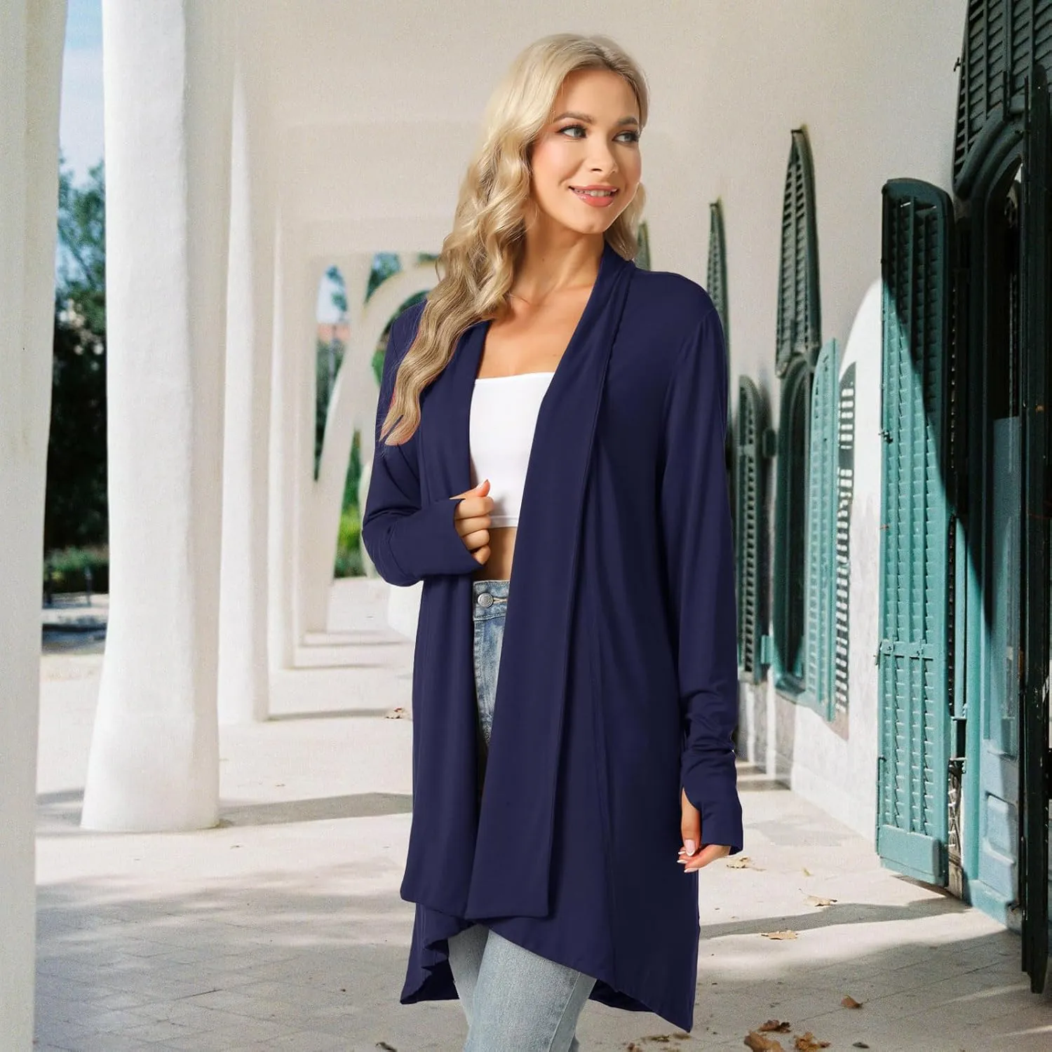 LazyCozy Women's Open-Front Long-Sleeve Cardigan Lightweight Draped Cardigan Sweaters Stretch Jersey Topper