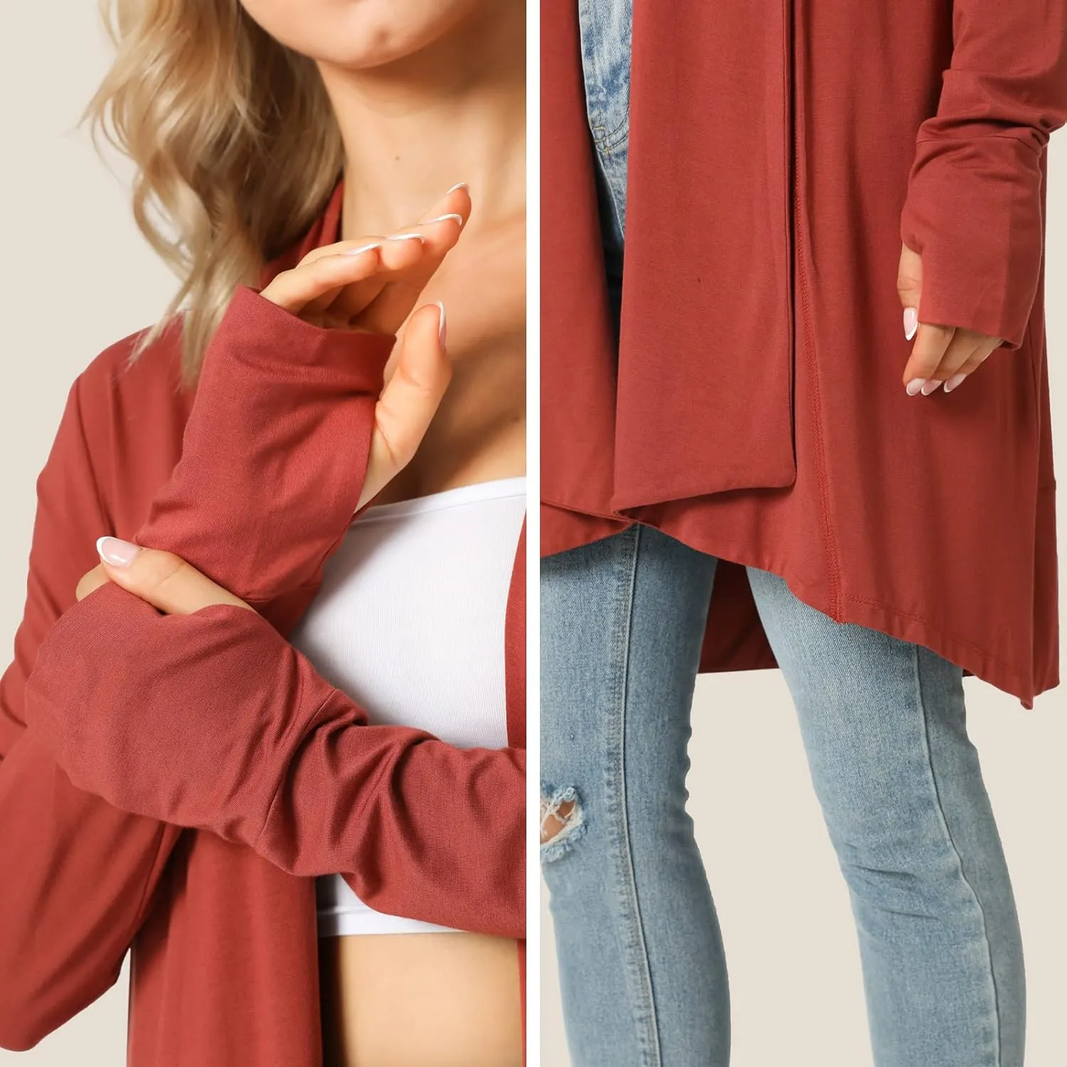 LazyCozy Women's Open-Front Long-Sleeve Cardigan Lightweight Draped Cardigan Sweaters Stretch Jersey Topper