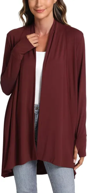 LazyCozy Women's Open-Front Long-Sleeve Cardigan Lightweight Draped Cardigan Sweaters Stretch Jersey Topper