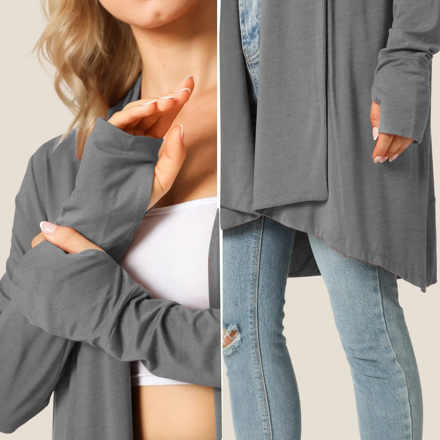 LazyCozy Women's Open-Front Long-Sleeve Cardigan Lightweight Draped Cardigan Sweaters Stretch Jersey Topper