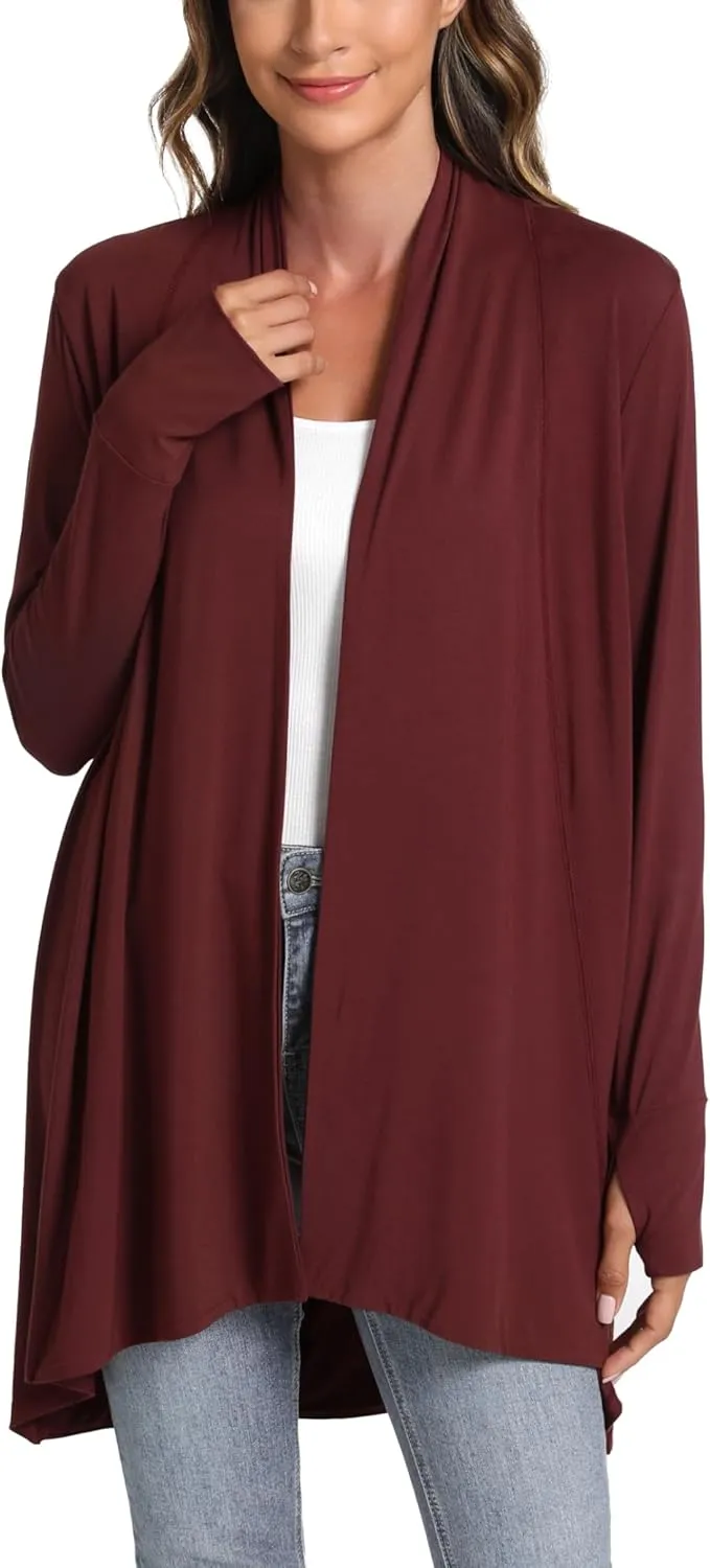 LazyCozy Women's Open-Front Long-Sleeve Cardigan Lightweight Draped Cardigan Sweaters Stretch Jersey Topper