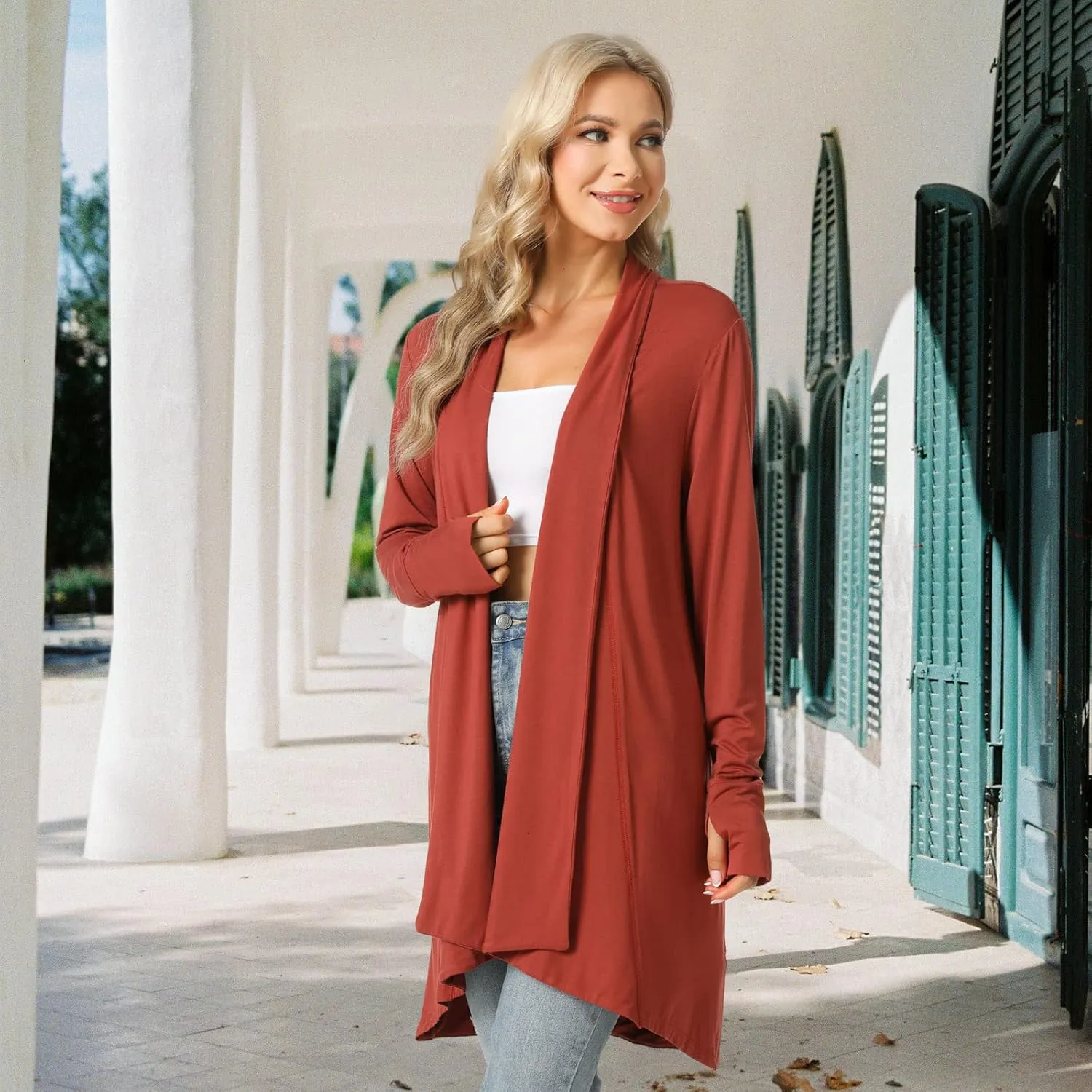 LazyCozy Women's Open-Front Long-Sleeve Cardigan Lightweight Draped Cardigan Sweaters Stretch Jersey Topper