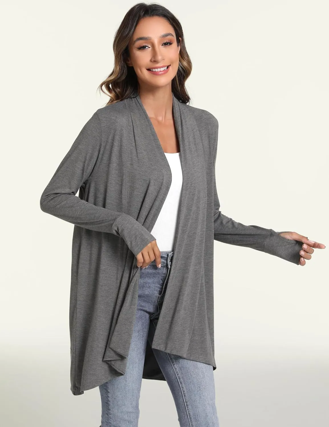 LazyCozy Women's Open-Front Long-Sleeve Cardigan Lightweight Draped Cardigan Sweaters Stretch Jersey Topper