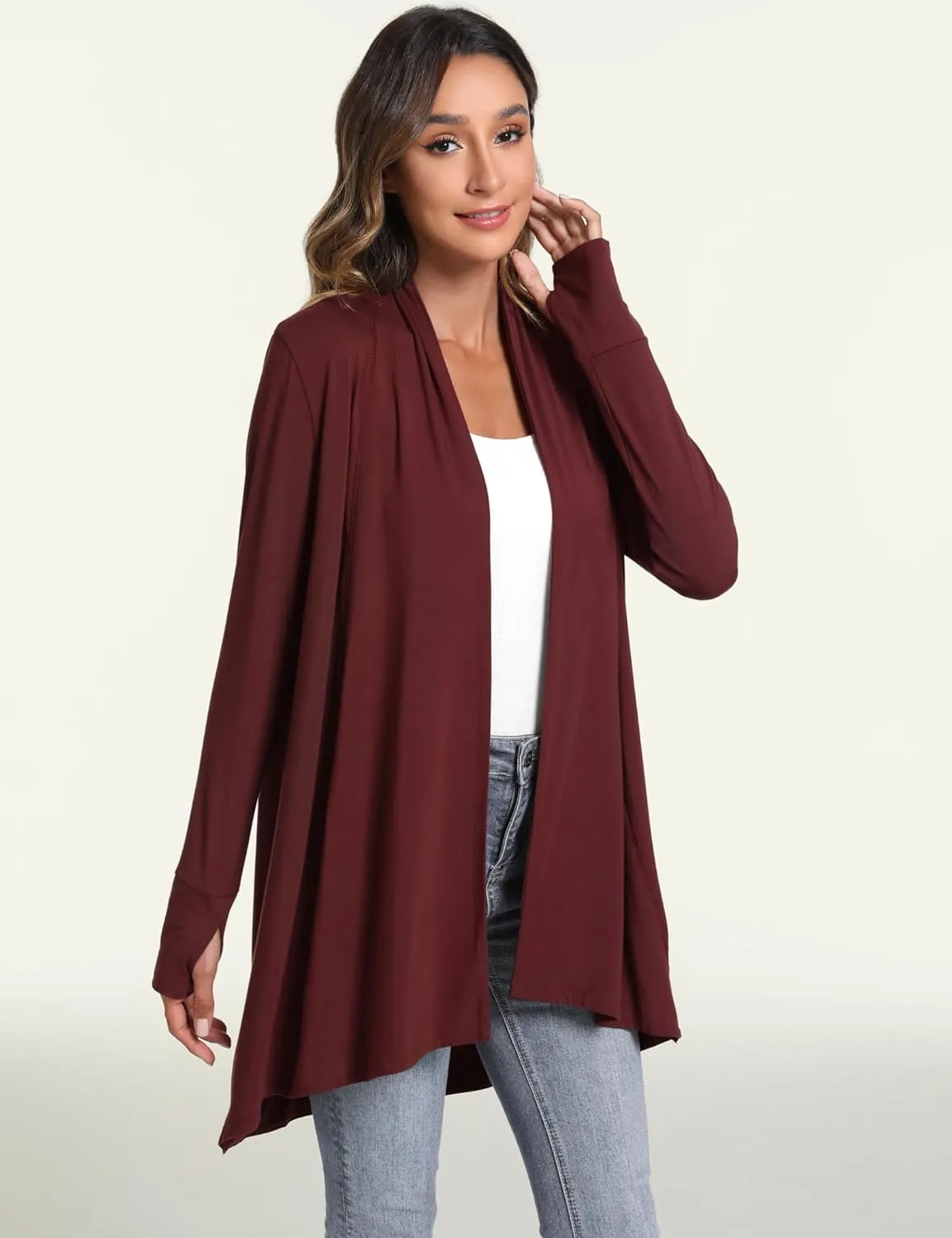 LazyCozy Women's Open-Front Long-Sleeve Cardigan Lightweight Draped Cardigan Sweaters Stretch Jersey Topper