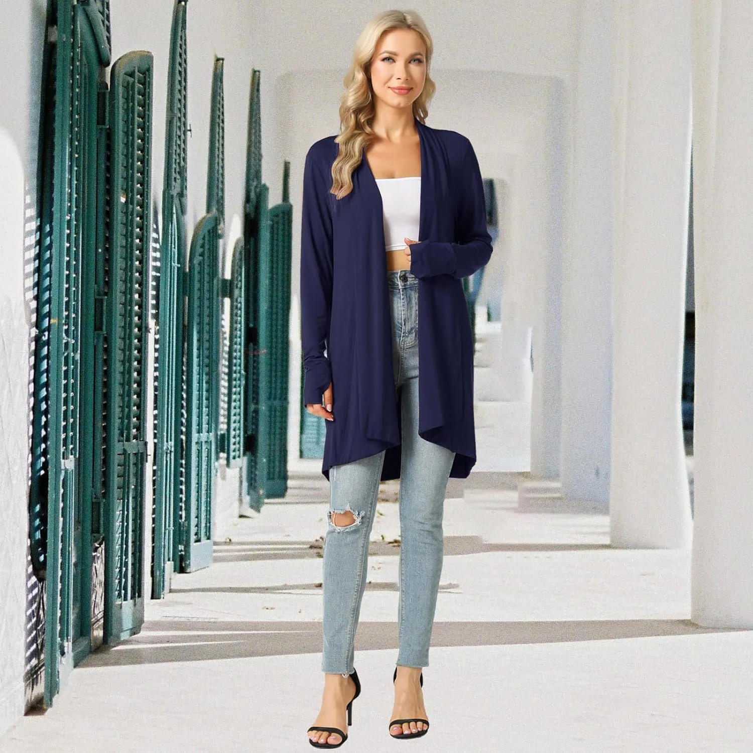 LazyCozy Women's Open-Front Long-Sleeve Cardigan Lightweight Draped Cardigan Sweaters Stretch Jersey Topper