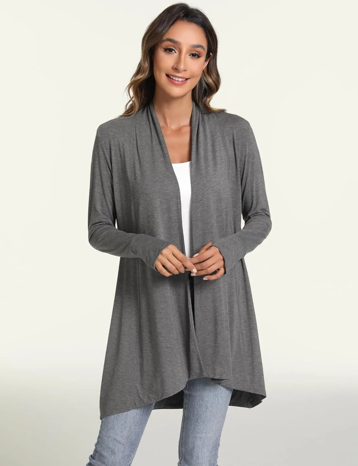 LazyCozy Women's Open-Front Long-Sleeve Cardigan Lightweight Draped Cardigan Sweaters Stretch Jersey Topper