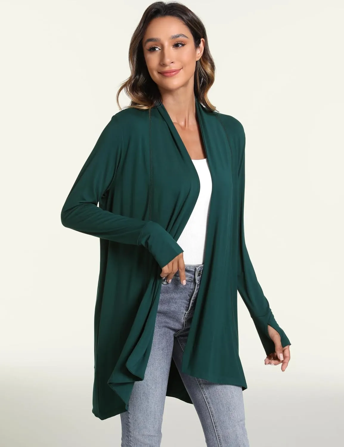 LazyCozy Women's Open-Front Long-Sleeve Cardigan Lightweight Draped Cardigan Sweaters Stretch Jersey Topper