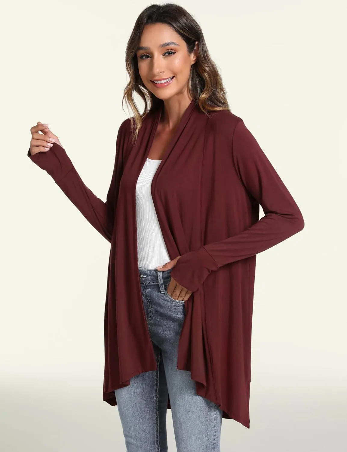 LazyCozy Women's Open-Front Long-Sleeve Cardigan Lightweight Draped Cardigan Sweaters Stretch Jersey Topper