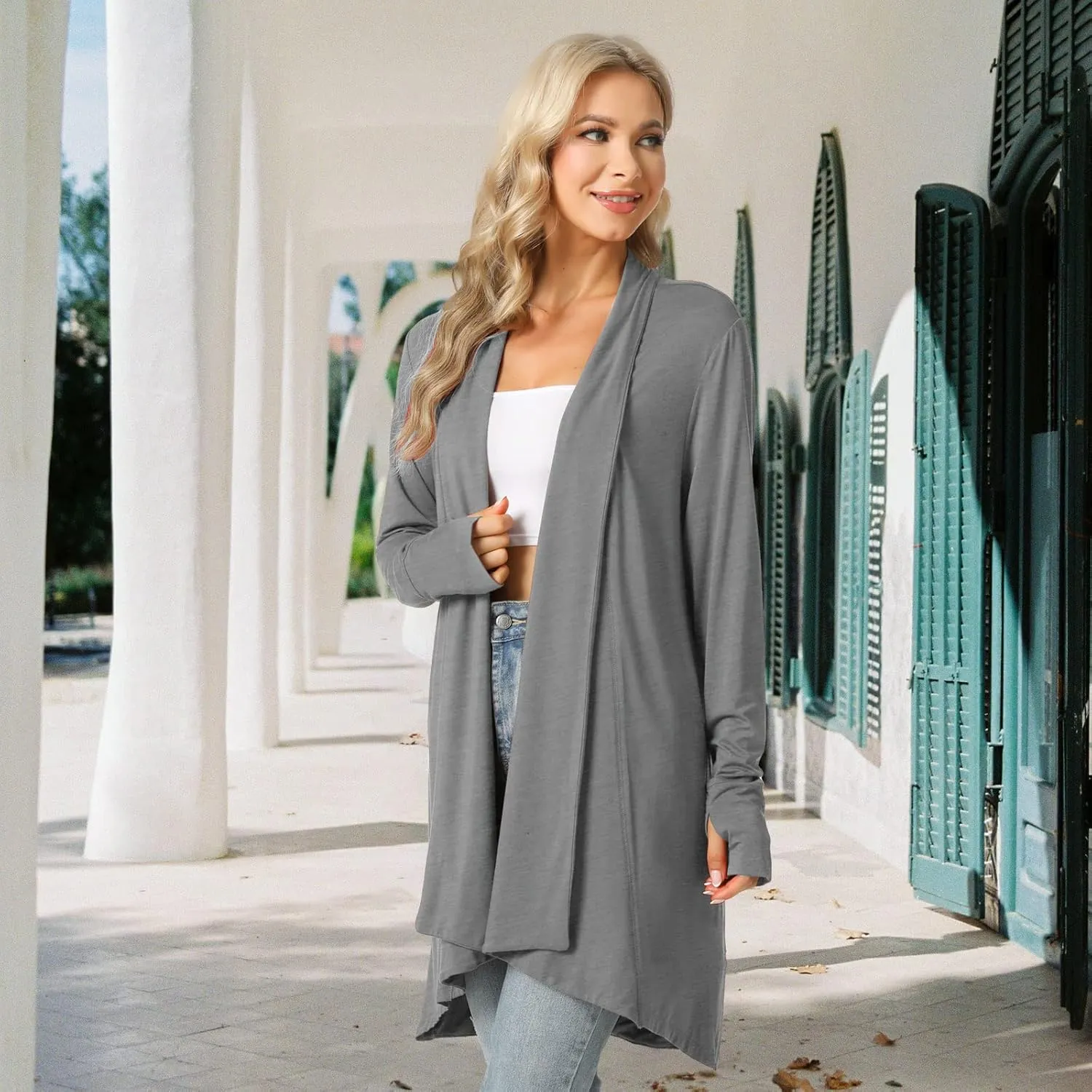 LazyCozy Women's Open-Front Long-Sleeve Cardigan Lightweight Draped Cardigan Sweaters Stretch Jersey Topper