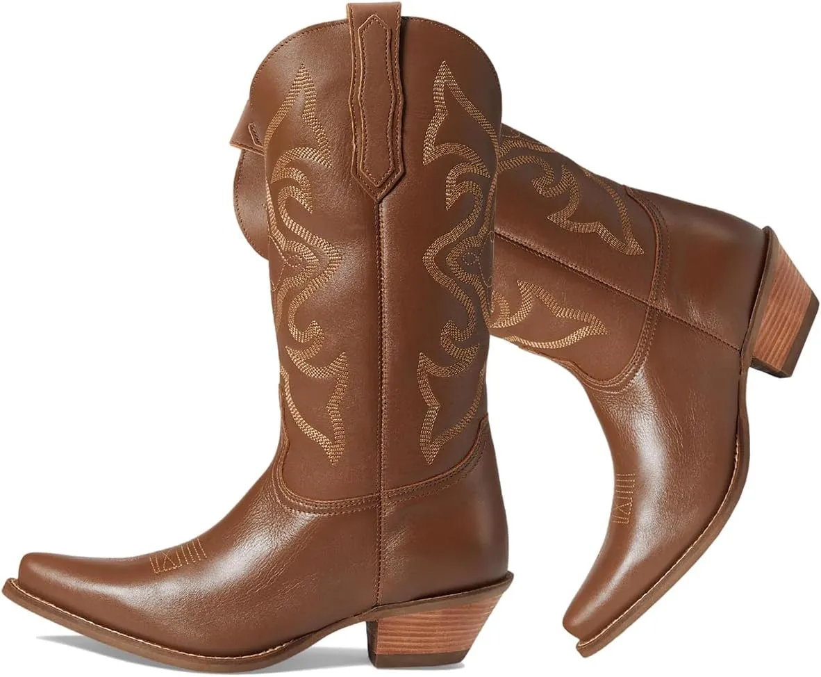 LEHOOR Cowboy Boots Women Embroidered Mid Calf Western Boots Stacked Low Heel Pointed Toe Pull On Cowgirl Boot 4-11 M US