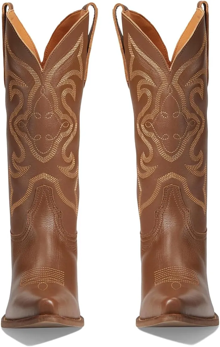 LEHOOR Cowboy Boots Women Embroidered Mid Calf Western Boots Stacked Low Heel Pointed Toe Pull On Cowgirl Boot 4-11 M US
