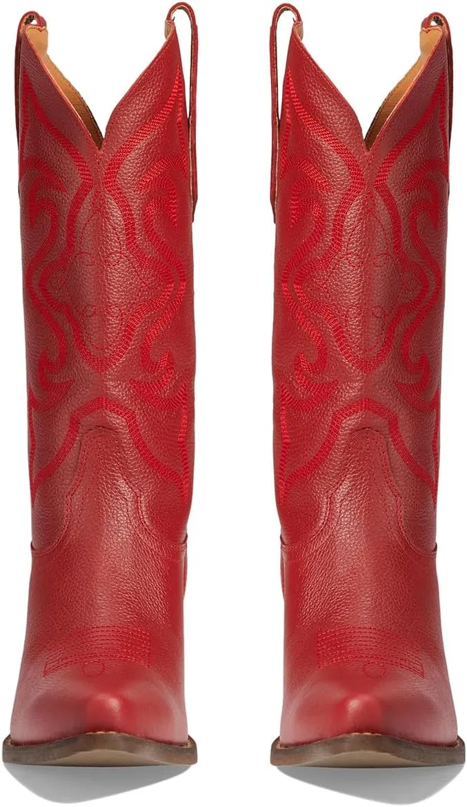 LEHOOR Cowboy Boots Women Embroidered Mid Calf Western Boots Stacked Low Heel Pointed Toe Pull On Cowgirl Boot 4-11 M US