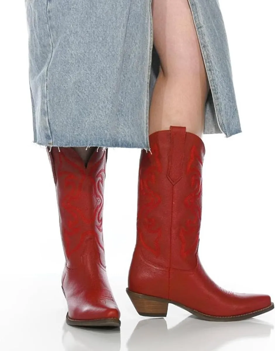 LEHOOR Cowboy Boots Women Embroidered Mid Calf Western Boots Stacked Low Heel Pointed Toe Pull On Cowgirl Boot 4-11 M US