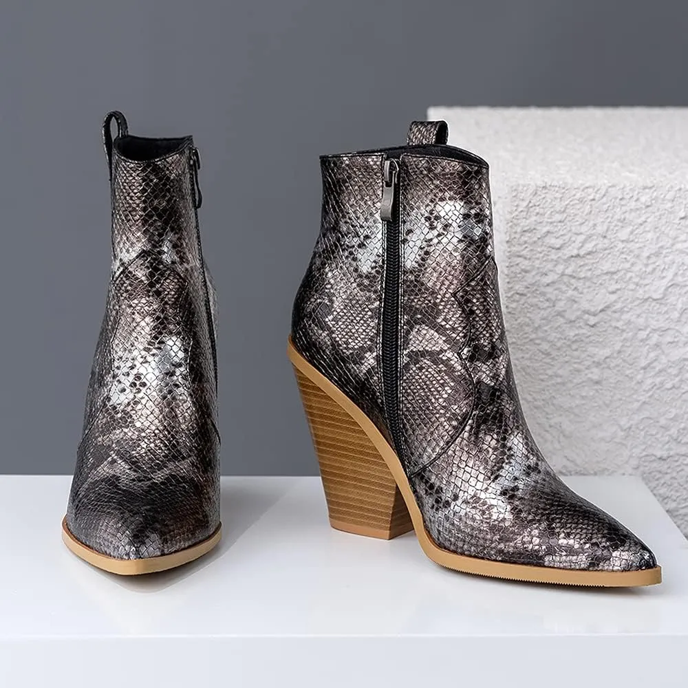 LEHOOR Women Chunky Heel Western Booties Animal Print Women Side Zipper Cowboy Ankle Boots Stacked Heel Pointed Toe Short Boots Mid Calf Cowgirl Classic Sexy Vintage Party Casual 5-11 M US