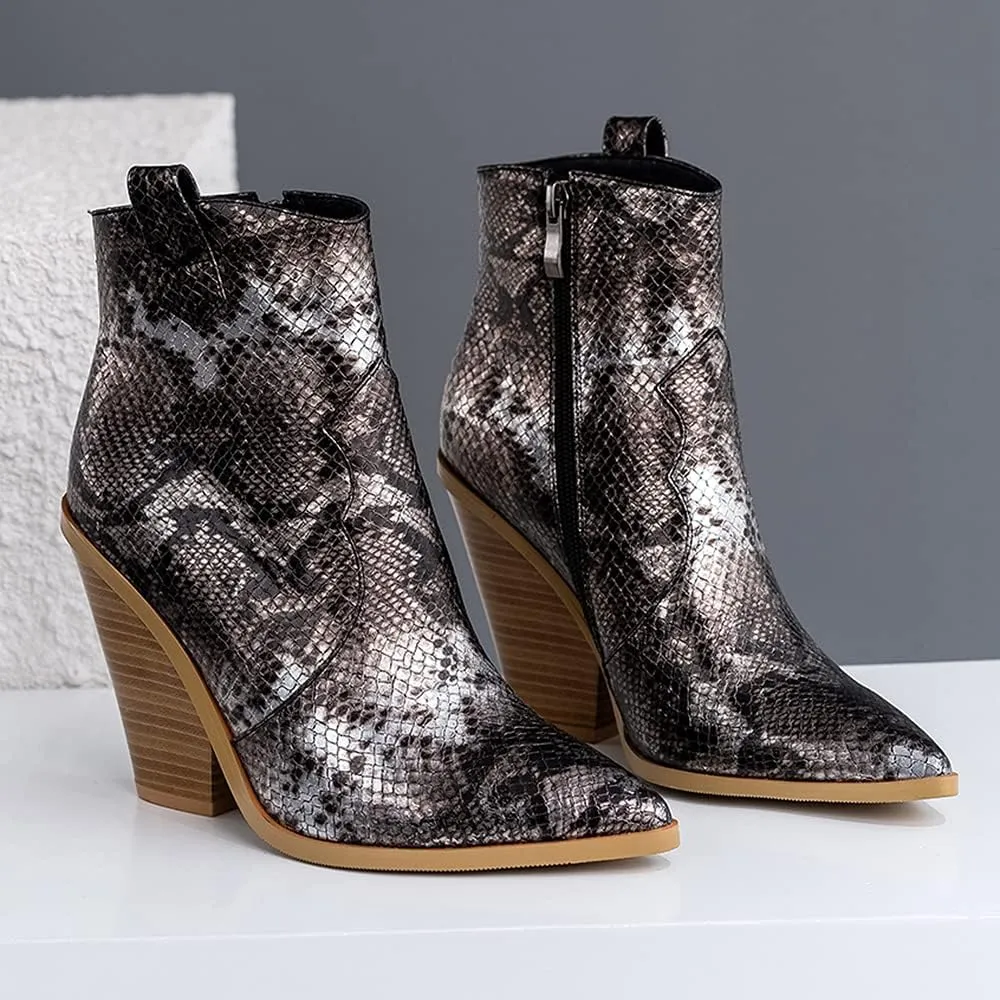 LEHOOR Women Chunky Heel Western Booties Animal Print Women Side Zipper Cowboy Ankle Boots Stacked Heel Pointed Toe Short Boots Mid Calf Cowgirl Classic Sexy Vintage Party Casual 5-11 M US