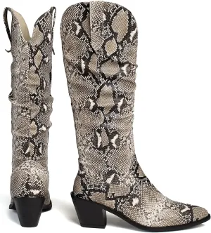 LEHOOR Women Knee High Western Boots Snakeskin Stacked Heel Pointed Toe Knee High Boots Cowboy Mid Calf 3” Chunky Heel Slouch Long Boots Pull On Animal Print Tall Boots Sexy Party Club Party 4-13 M US