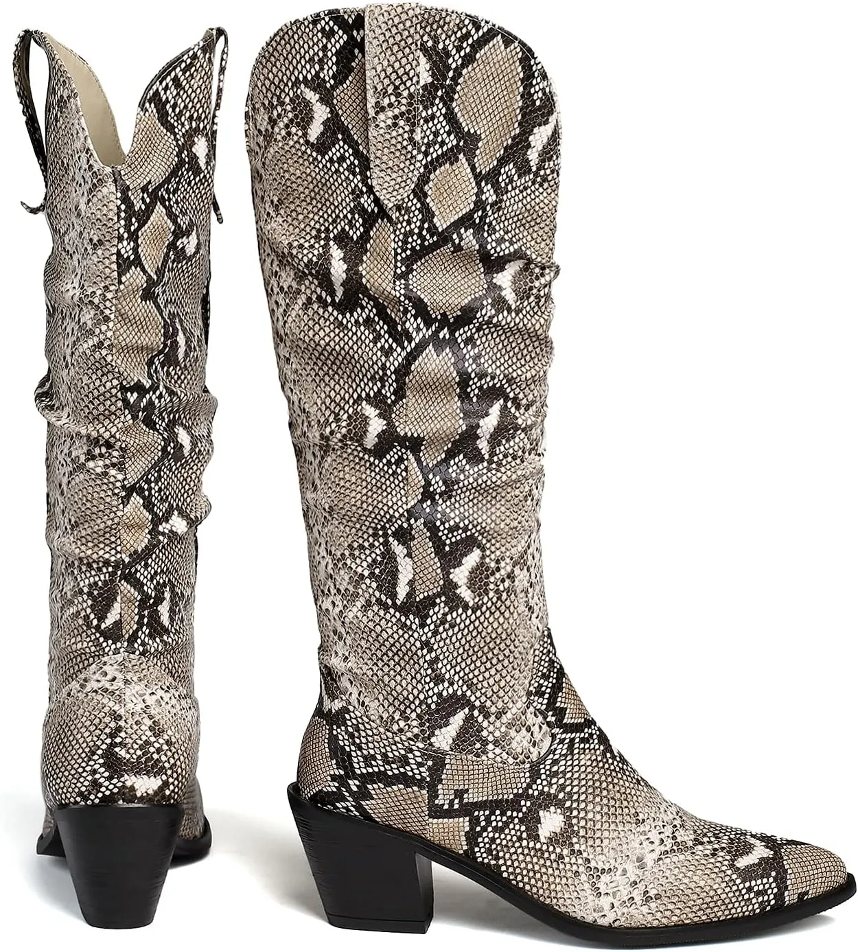 LEHOOR Women Knee High Western Boots Snakeskin Stacked Heel Pointed Toe Knee High Boots Cowboy Mid Calf 3” Chunky Heel Slouch Long Boots Pull On Animal Print Tall Boots Sexy Party Club Party 4-13 M US