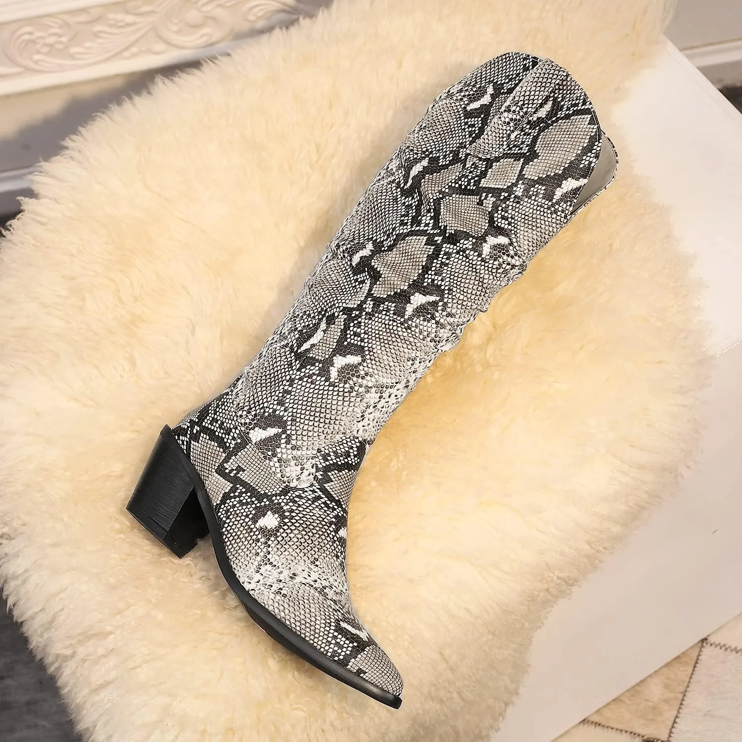 LEHOOR Women Knee High Western Boots Snakeskin Stacked Heel Pointed Toe Knee High Boots Cowboy Mid Calf 3” Chunky Heel Slouch Long Boots Pull On Animal Print Tall Boots Sexy Party Club Party 4-13 M US