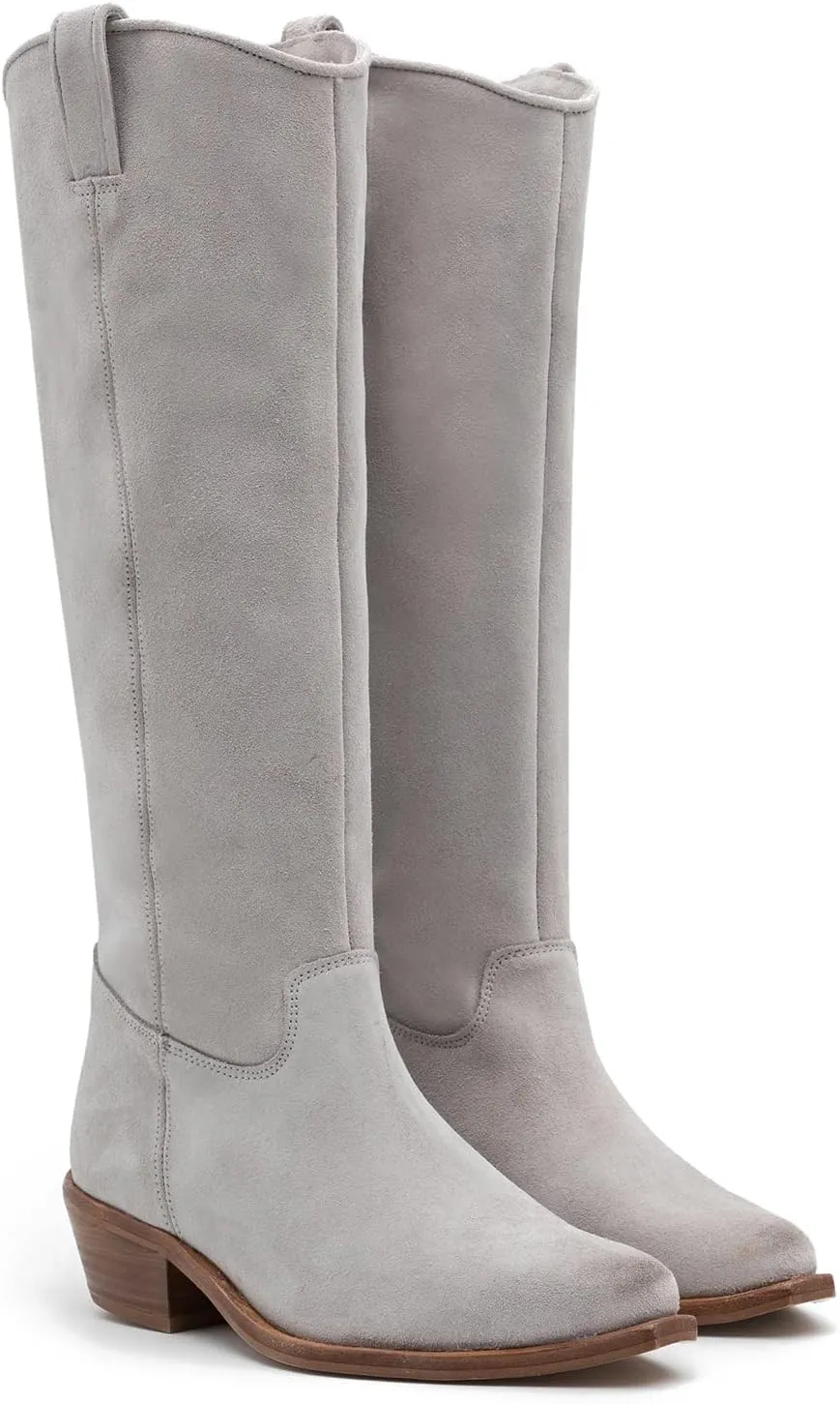 LEHOOR Women Low Stacked Heel Slouchy Knee High Western Boots Pointed Square Toe Velvet Suede 1.5" Chunky Heels Cowboy Boots Wide Calf Pull On Combat Boots Dressy Comfort Casual Winter Retro 4-13 M US