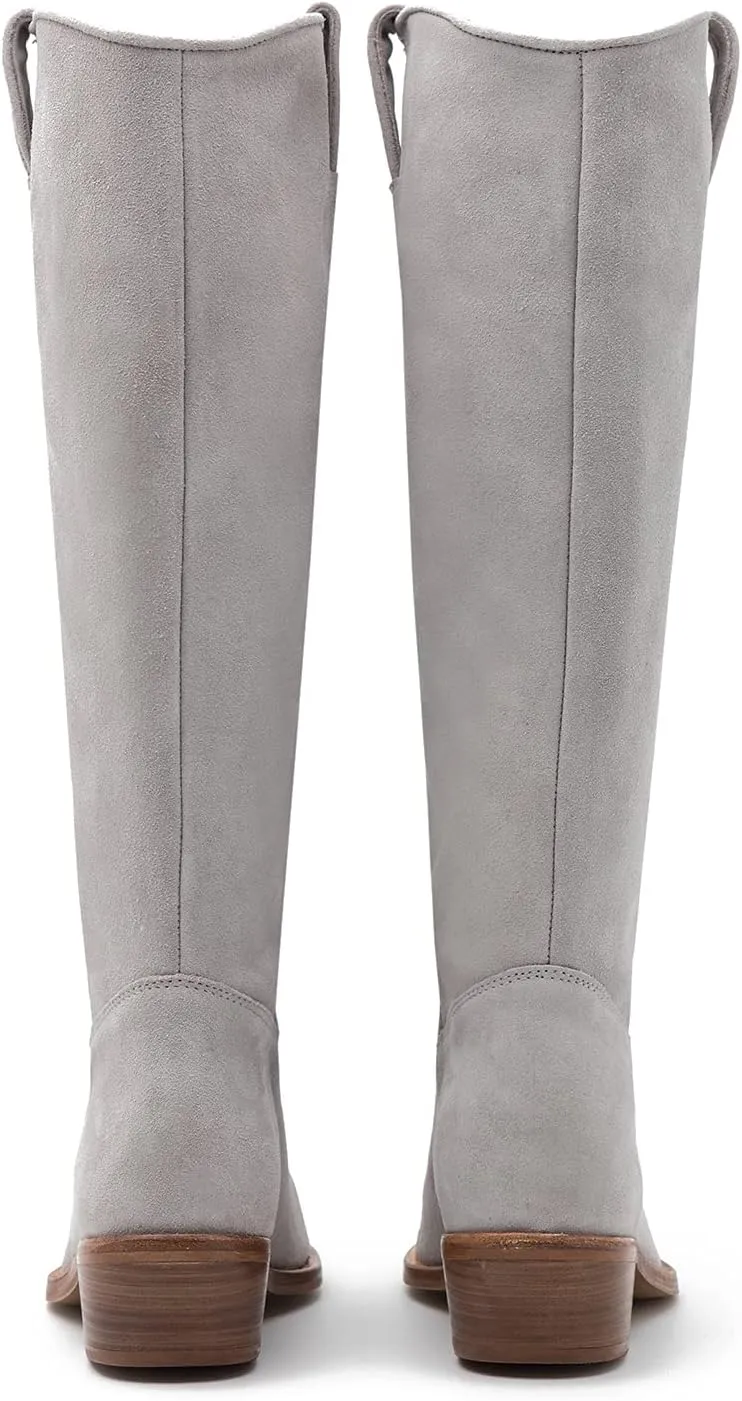 LEHOOR Women Low Stacked Heel Slouchy Knee High Western Boots Pointed Square Toe Velvet Suede 1.5" Chunky Heels Cowboy Boots Wide Calf Pull On Combat Boots Dressy Comfort Casual Winter Retro 4-13 M US