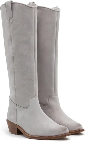 LEHOOR Women Low Stacked Heel Slouchy Knee High Western Boots Pointed Square Toe Velvet Suede 1.5" Chunky Heels Cowboy Boots Wide Calf Pull On Combat Boots Dressy Comfort Casual Winter Retro 4-13 M US