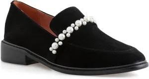 LEHOOR Women Penny Loafers Round Toe Slip On Drive Shoes Suede Leather Pearl Decoration Flats Comfort 1 Inch Heel Closed Toe Office Casual Dress Loafer Shoes Size 4-11 M US