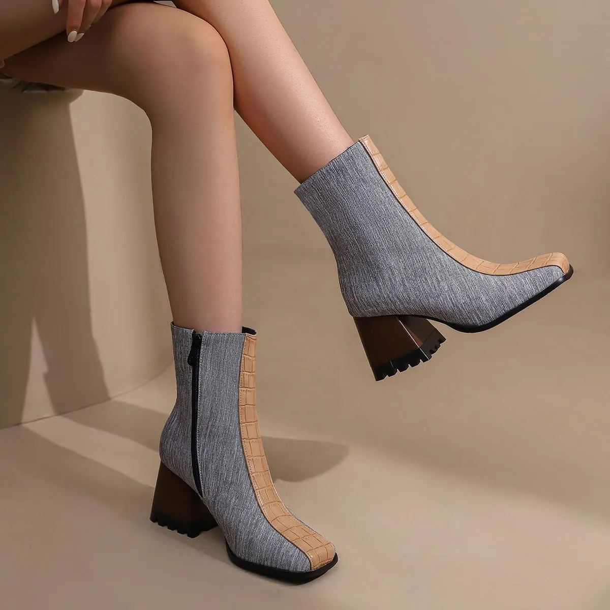 LEHOOR Women Square Toe Ankle Boots Chunky Block Heel Side Zipper Sock Booties Crocodile Snakeskin Two-Toned Combat Boots Patchwork Multicolored Fall Dress Boot Chic Fashion Party Work 4-15 M US