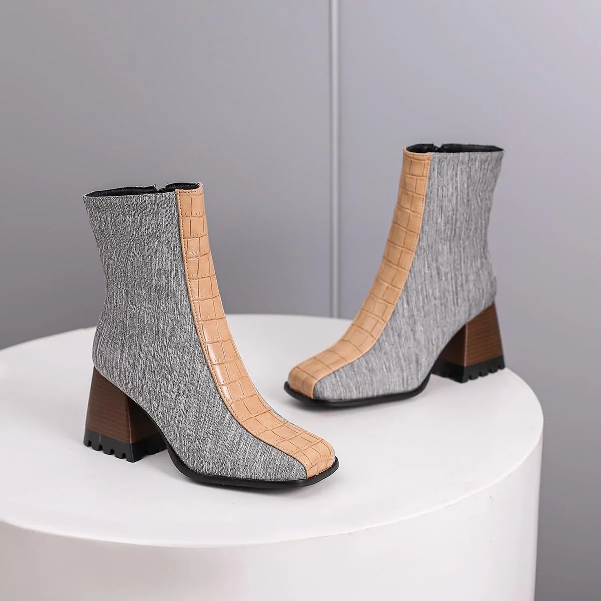 LEHOOR Women Square Toe Ankle Boots Chunky Block Heel Side Zipper Sock Booties Crocodile Snakeskin Two-Toned Combat Boots Patchwork Multicolored Fall Dress Boot Chic Fashion Party Work 4-15 M US