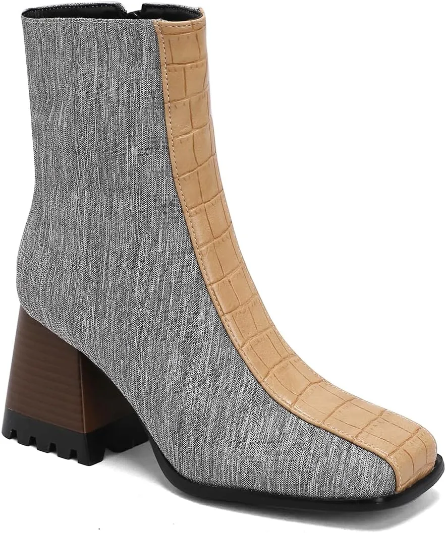 LEHOOR Women Square Toe Ankle Boots Chunky Block Heel Side Zipper Sock Booties Crocodile Snakeskin Two-Toned Combat Boots Patchwork Multicolored Fall Dress Boot Chic Fashion Party Work 4-15 M US