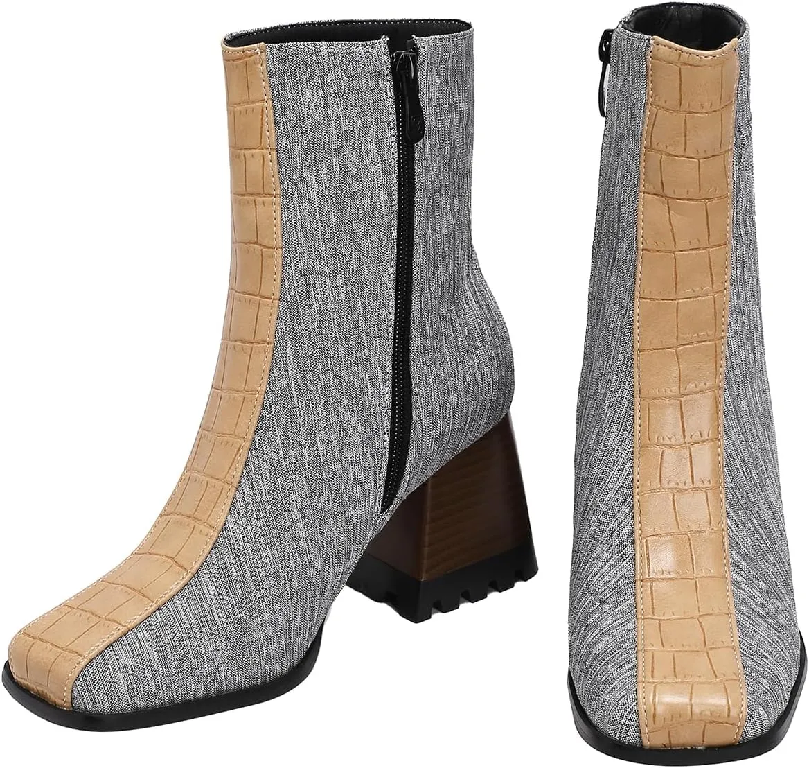 LEHOOR Women Square Toe Ankle Boots Chunky Block Heel Side Zipper Sock Booties Crocodile Snakeskin Two-Toned Combat Boots Patchwork Multicolored Fall Dress Boot Chic Fashion Party Work 4-15 M US