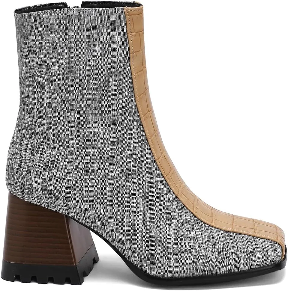 LEHOOR Women Square Toe Ankle Boots Chunky Block Heel Side Zipper Sock Booties Crocodile Snakeskin Two-Toned Combat Boots Patchwork Multicolored Fall Dress Boot Chic Fashion Party Work 4-15 M US