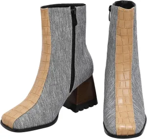 LEHOOR Women Square Toe Ankle Boots Chunky Block Heel Side Zipper Sock Booties Crocodile Snakeskin Two-Toned Combat Boots Patchwork Multicolored Fall Dress Boot Chic Fashion Party Work 4-15 M US