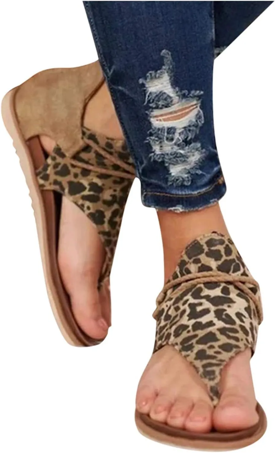 Leopard Gladiator Sandals for Women Comfy Flat Shoes Summer Vintage Straps Thong Clip Toe Back Zipper Flip Flops Lightweight Non-Slip Beach Shoes