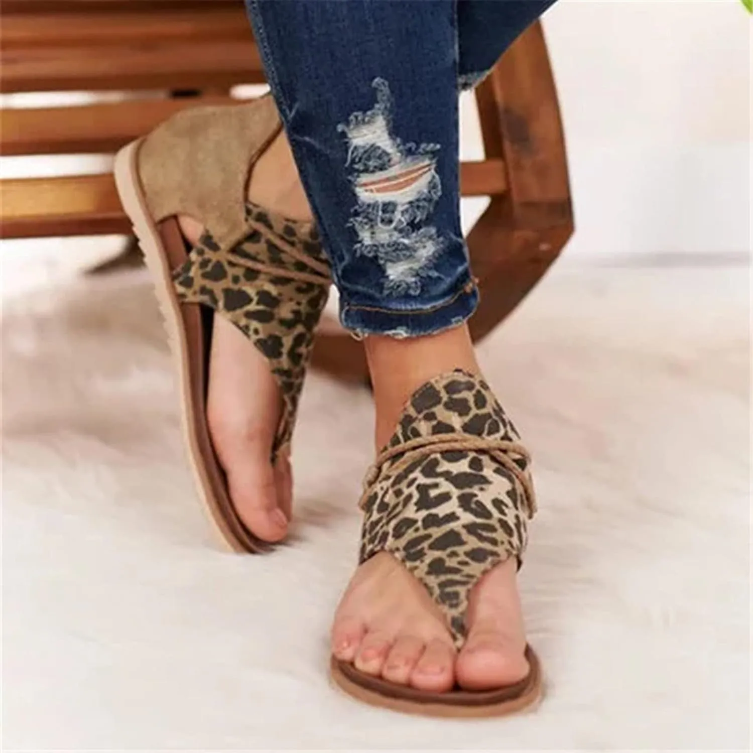 Leopard Gladiator Sandals for Women Comfy Flat Shoes Summer Vintage Straps Thong Clip Toe Back Zipper Flip Flops Lightweight Non-Slip Beach Shoes