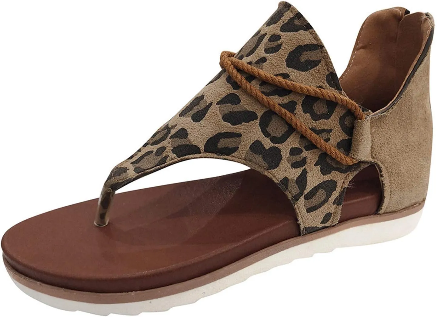 Leopard Gladiator Sandals for Women Comfy Flat Shoes Summer Vintage Straps Thong Clip Toe Back Zipper Flip Flops Lightweight Non-Slip Beach Shoes