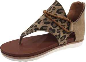Leopard Gladiator Sandals for Women Comfy Flat Shoes Summer Vintage Straps Thong Clip Toe Back Zipper Flip Flops Lightweight Non-Slip Beach Shoes