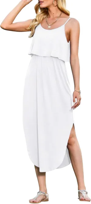 LILBETTER Women's Adjustable Strappy Split Summer Beach Casual Midi Dress