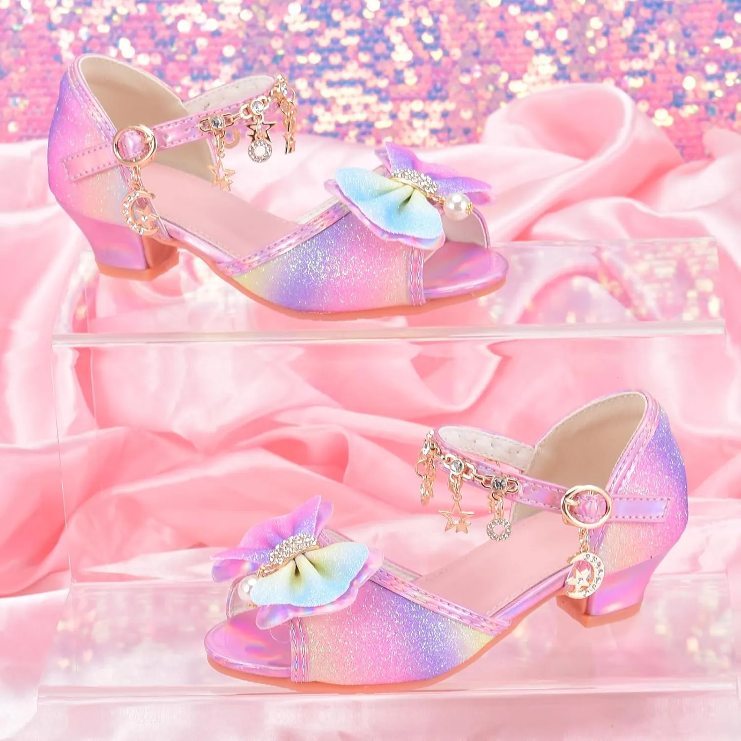 Little Girls Princess Wedding Sandals Children's Crystal High Heels Dress Shoes Performance Evening Party Flower Girl Formal Dress Shoes Toddler Big Kid Toddler