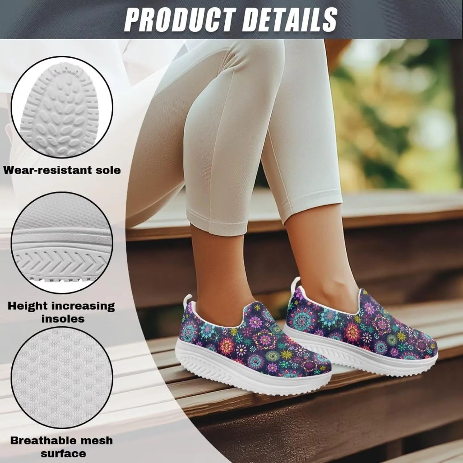 Mandala Floral Slip-On Yoga Sneakers Womens Elastic Mesh Anti-Slip Loafers Shoes with Rocker Platform