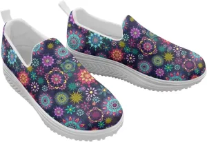 Mandala Floral Slip-On Yoga Sneakers Womens Elastic Mesh Anti-Slip Loafers Shoes with Rocker Platform