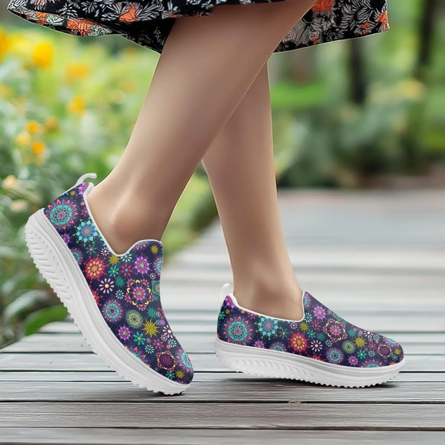 Mandala Floral Slip-On Yoga Sneakers Womens Elastic Mesh Anti-Slip Loafers Shoes with Rocker Platform