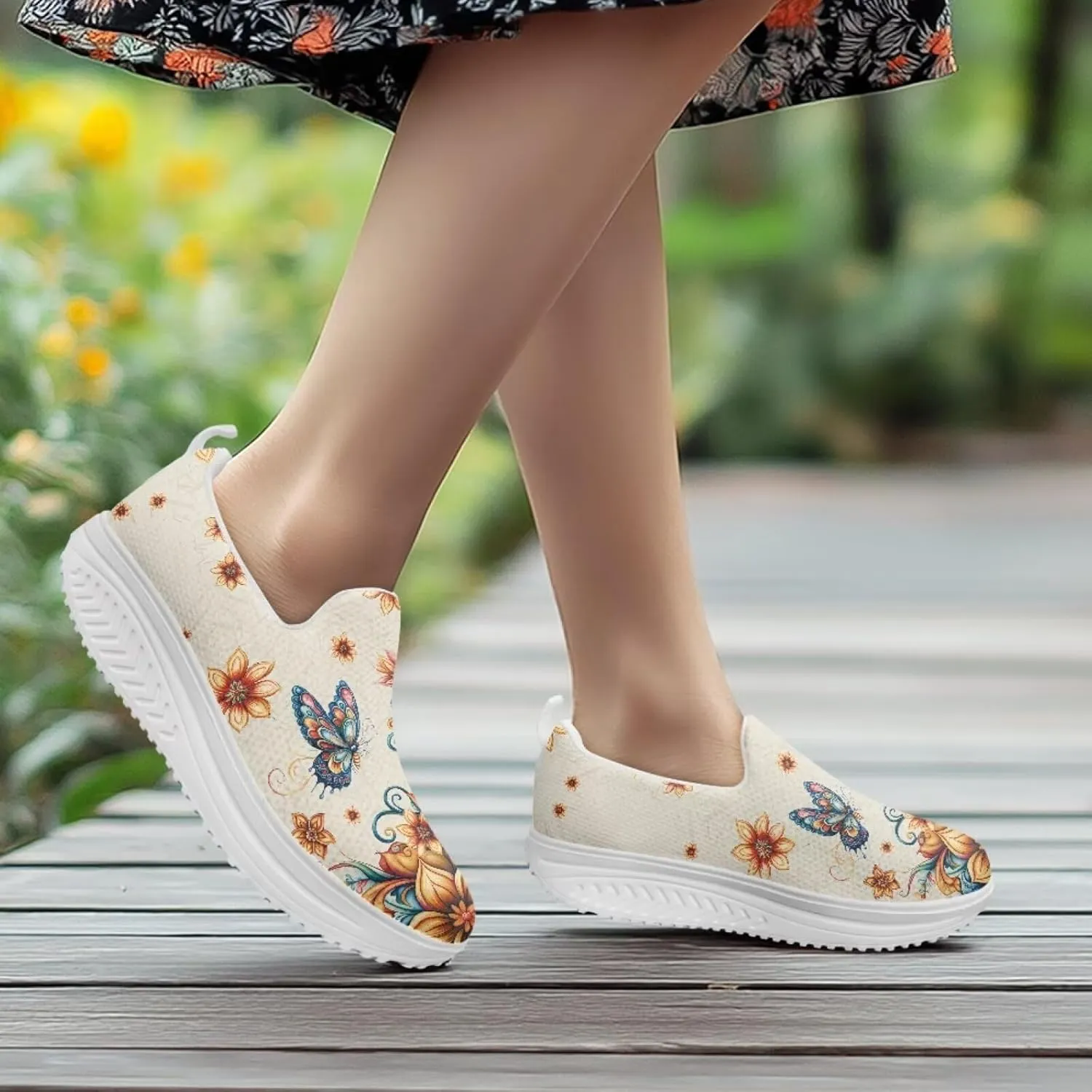 Mandala Floral Slip-On Yoga Sneakers Womens Elastic Mesh Anti-Slip Loafers Shoes with Rocker Platform
