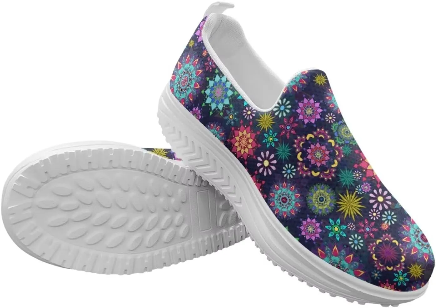 Mandala Floral Slip-On Yoga Sneakers Womens Elastic Mesh Anti-Slip Loafers Shoes with Rocker Platform
