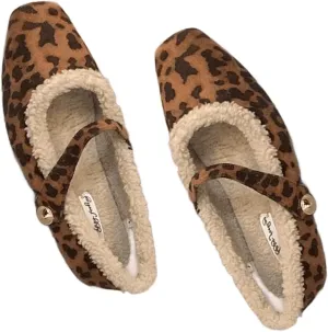 Mary Jane Flats for Women Faux Fur Ballet Flats Winter Fuzzy Warm Comfy Flats Slip On Flats Shoes Warm Plush Lined