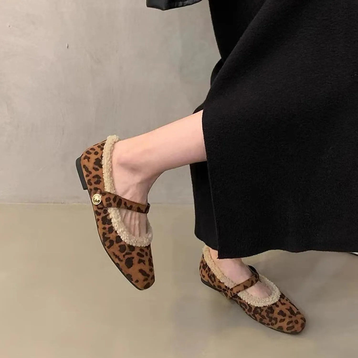Mary Jane Flats for Women Faux Fur Ballet Flats Winter Fuzzy Warm Comfy Flats Slip On Flats Shoes Warm Plush Lined