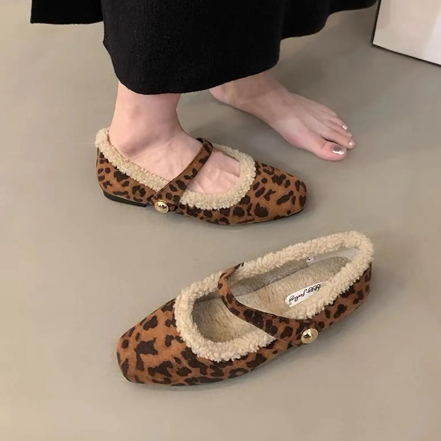 Mary Jane Flats for Women Faux Fur Ballet Flats Winter Fuzzy Warm Comfy Flats Slip On Flats Shoes Warm Plush Lined