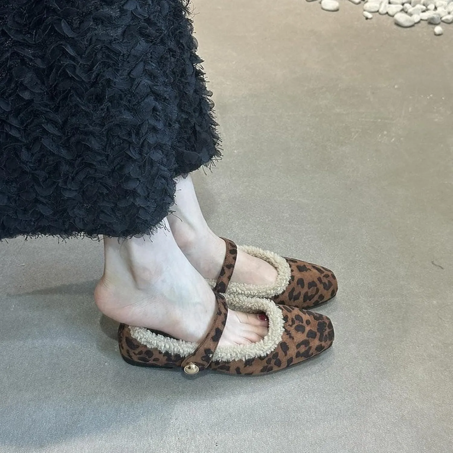 Mary Jane Flats for Women Faux Fur Ballet Flats Winter Fuzzy Warm Comfy Flats Slip On Flats Shoes Warm Plush Lined
