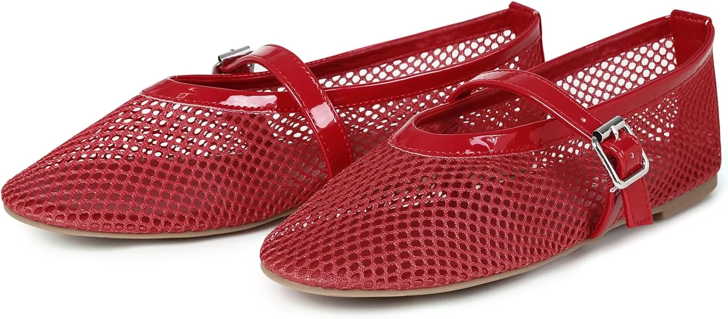 MaxMuxun Women's Flats Mesh Ballet Flats Round Toe Buckle Strap Comfortable Causal Dress Flats Shoes